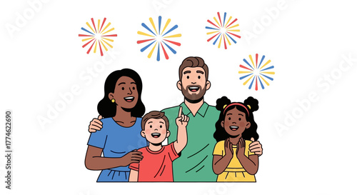 Happy Family Celebrating with Fireworks in Festive Illustration