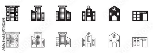 hospital building vector filled and outlined icons collection set