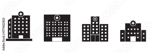 Hospital building icon set. Hospital and healthcare icon collection. Icon symbol of hospital buildings, medical house, medic, clinic, digital healthcare. Vector illustration