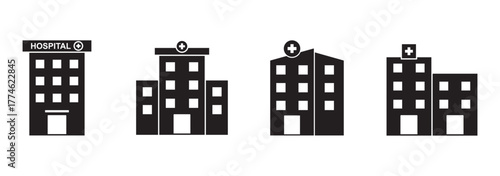 Hospital building icon set. Hospital and healthcare icon collection. Icon symbol of hospital buildings, medical house, medic, clinic, digital healthcare. Vector illustration