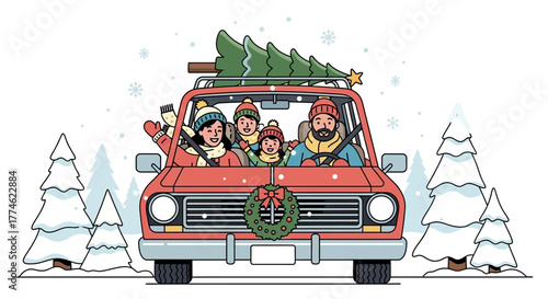 Family Adventure Driving Home for the Holidays with a Christmas Tree on the Roof