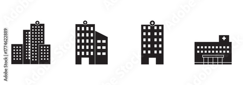 Hospital building icon set. Hospital and healthcare icon collection. Icon symbol of hospital buildings, medical house, medic, clinic, digital healthcare. Vector illustration