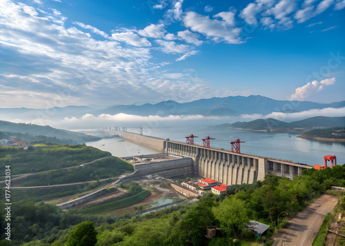 Yichang Three Gorges dam stands majestically across a wide river under a cloudy sky, with mountains in the distance.