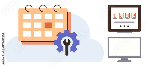 Calendar with gear and wrench on a cloud, computer screens with data. Ideal for scheduling, project planning, digital tools, productivity, organization, time tracking, simple flat metaphor