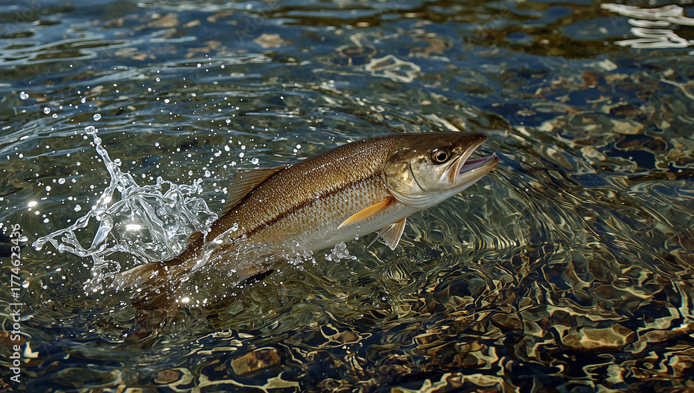 Fototapeta premium Walleye fish jumping out of river water