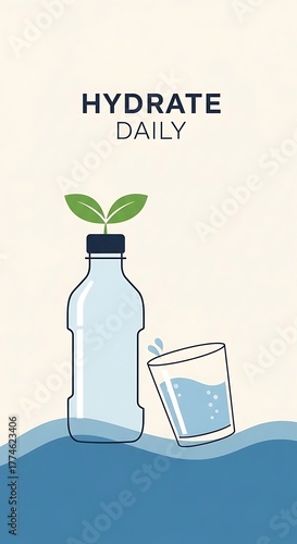 Hydrate Daily - Water Bottle and Glass Illustration for Wellness.