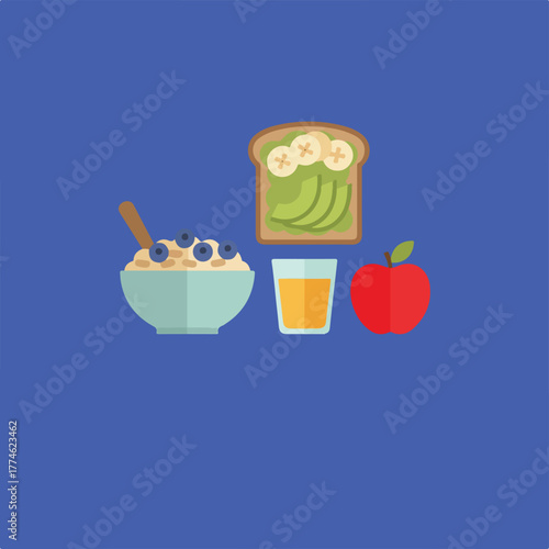 A flat vector illustration of a healthy breakfast meal featuring cereal, a glass of juice, avocado banana toast and an apple on a blue background.
