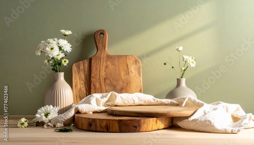 Minimalist composition of wooden kitchenware, flowers, and natural linen textile decor