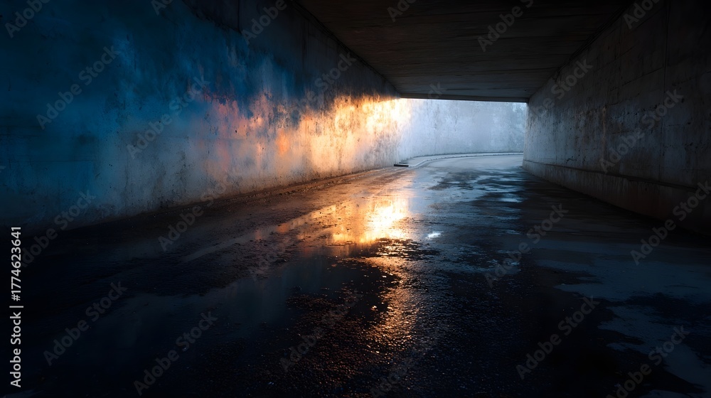 Fototapeta premium A wet concrete tunnel passage with colorful light reflections on the damp ground