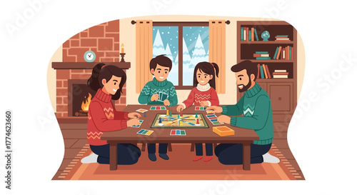 Cozy Family Night Playing Games Together by the Fireplace During Winter