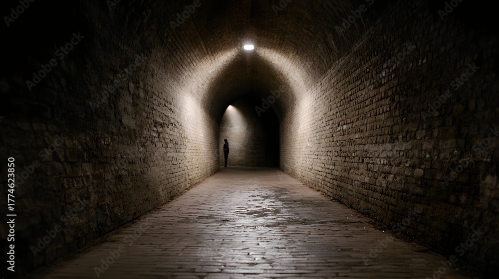 Fototapeta premium A solitary figure stands at the illuminated end of a dark arched brick tunnel