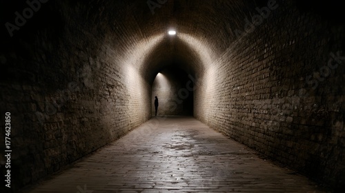 A solitary figure stands at the illuminated end of a dark arched brick tunnel