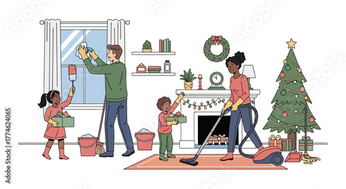 Family Cleaning Home for Christmas, Joyful Holiday Preparations