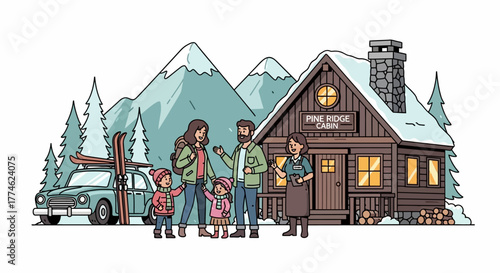 Family vacation at a cozy mountain cabin with skis and a car ready for adventure