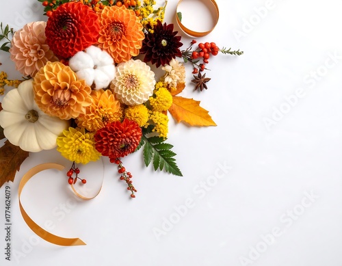 Autumnal floral arrangement with dahlias, pumpkins, and ribbon on white background.