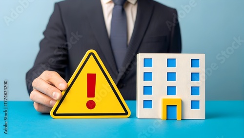 Property Risk – Front View Conceptual Symbolism, Businessperson with Warning Sign and Building Model, Real Estate Hazard and Safety Metaphor, Light Blue Background