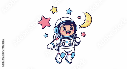 Cartoon astronaut in a white spacesuit floating amidst colorful stars and a crescent moon on a white background with a cheerful mood.