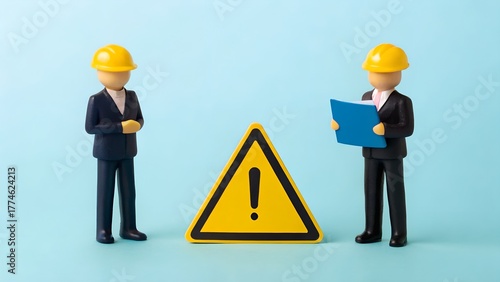Safety Protocol – Front View Conceptual Symbolism, Construction Figurines with Warning Sign and Clipboard, Hazard Awareness and Oversight Metaphor, Light Blue Background