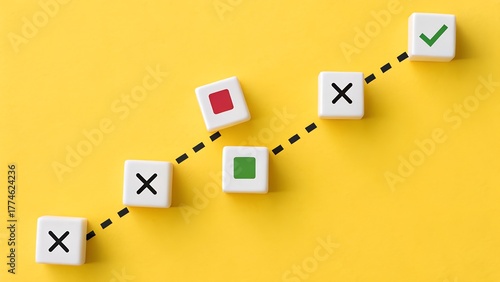 Path to Clarity – Front View Conceptual Symbolism, White Cubes with X, Colored Squares, and Checkmark on Yellow Background, Decision and Evaluation Metaphor