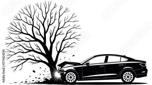 Car Crash Silhouette Illustration. Vehicle Accident Impact Scene with Tree Collision Depicting Road Safety, Emergency, Insurance, Traffic Risk, and Transportation Danger Concept