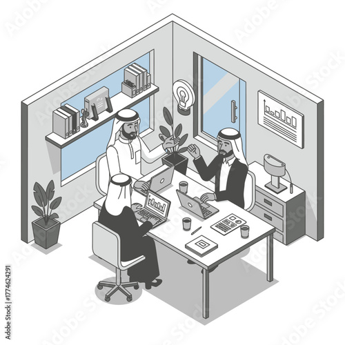 Isometric view of Arab business meeting.