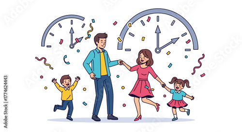Family Celebrating New Year's Eve with Clock, Confetti, and Festive Cheer. Countdown begins