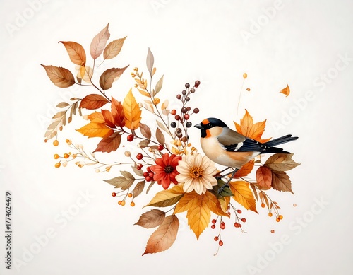 Watercolor Autumn Bird and Floral Arrangement Illustration.