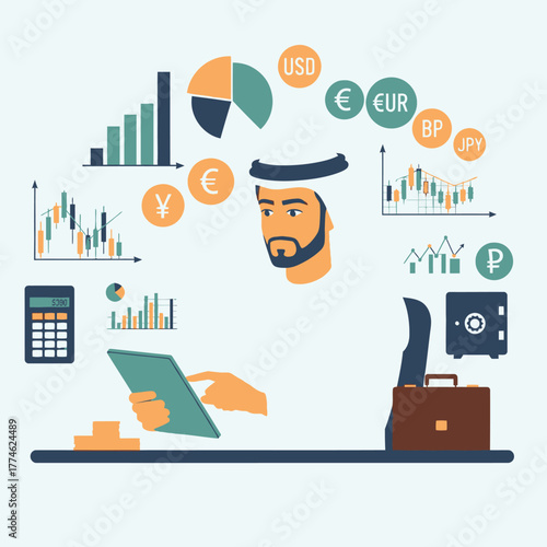 Arab Businessman Analyzing Financial Data on Tablet.