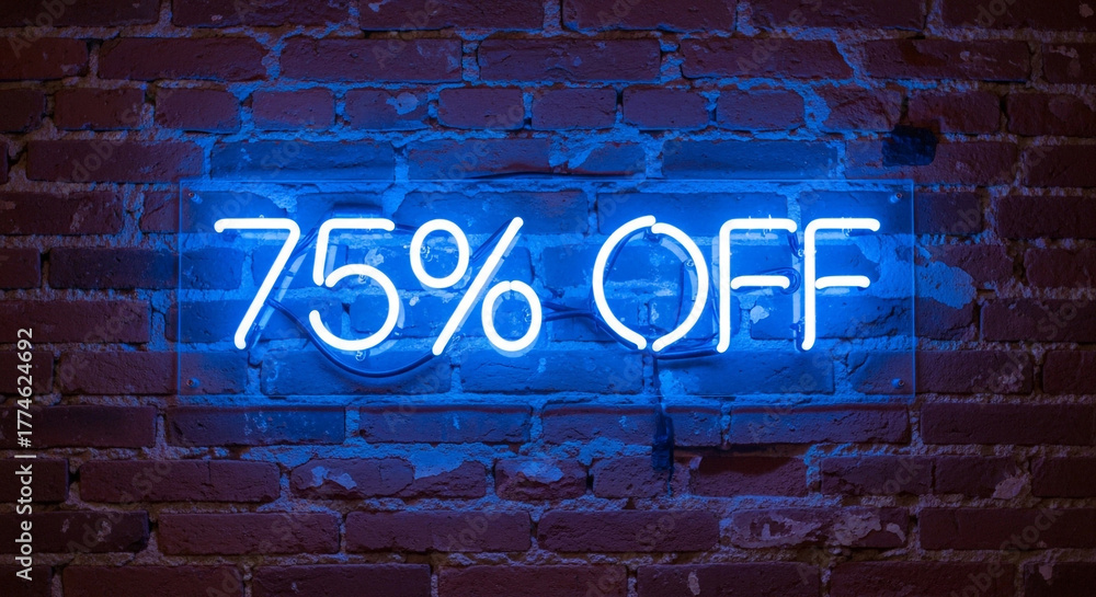 Fototapeta premium Eye-catching neon sign announces a huge 75% OFF sale, perfect for attracting customers to your store or online promotions.