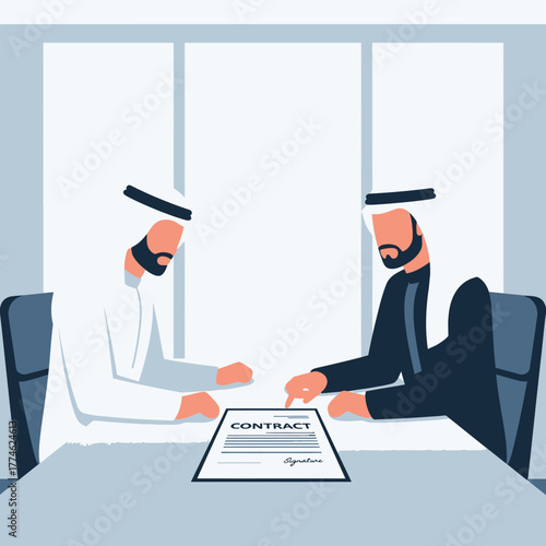Arab businessmen signing a contract agreement.