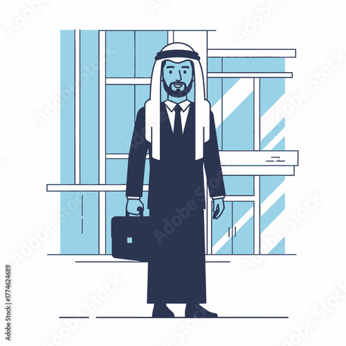 Arab businessman in traditional clothing with briefcase.