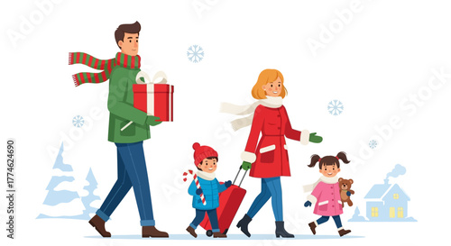 Family traveling for the holidays with gifts and luggage, celebrating winter season