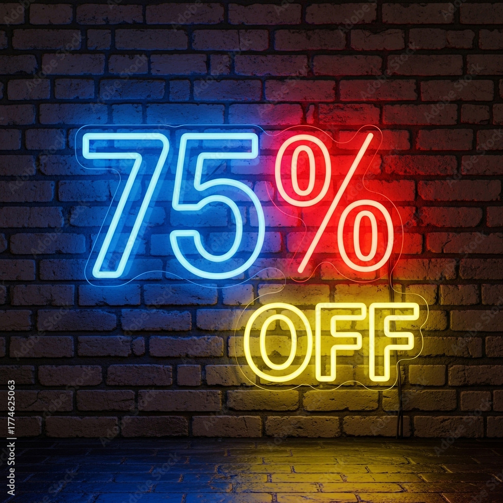 Obraz premium Vibrant neon sign advertising 75% off sale against a brick wall, perfect for retail promotions and marketing campaigns