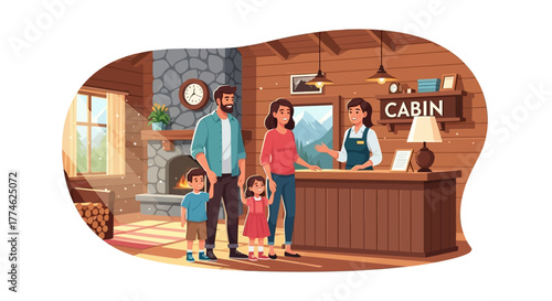 Family Checking into a Cozy Cabin Lodge for a Memorable Vacation