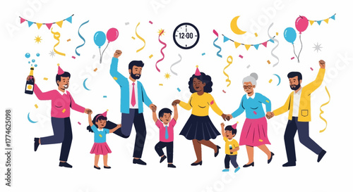 Festive Party Celebration with Diverse Family and Confetti