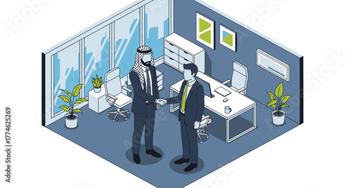 Isometric Business Deal in Modern Office.