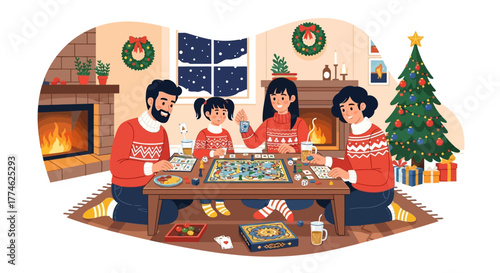 Happy family in matching sweaters playing a board game together by the fireplace on a cozy Christmas evening