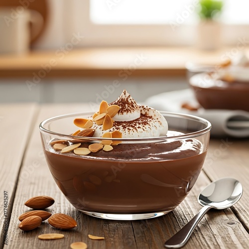 Chocolate Pudding with Almonds and Whipped Cream in Glass Bowl.