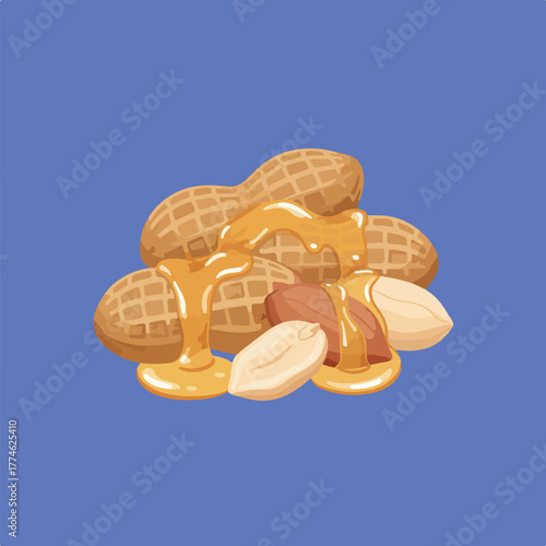 This cartoon image features peanuts and almonds covered in a syrupy honey-like sauce against a solid blue background.