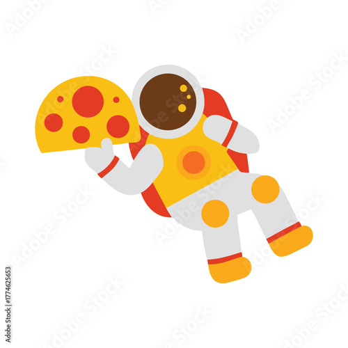 Whimsical cartoon astronaut in a bright yellow and white spacesuit floats joyfully in outer space holding a slice of delicious pepperoni pizza