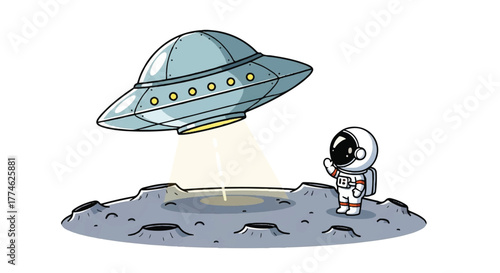 An astronaut in a spacesuit stands on a moon surface with a UFO hovering above, emitting a beam of light.