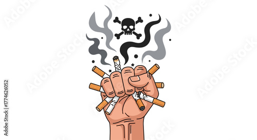 Fistful of Cigarettes Crushed to Expose the Deadly Smoke and Skull Symbol, Representing Smoking Cessation and Harmful Effects of Tobacco