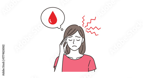 Person experiencing headache and dizziness with blood drop icon