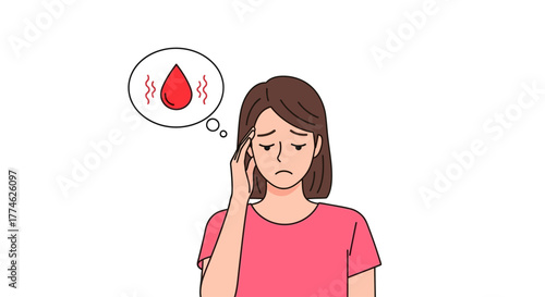 Illustration of a woman experiencing headache and heat sensation with a blood drop icon in a thought bubble