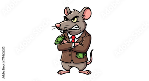 A cartoon image of a business rat wearing a suit and tie with money stuffed in its pocket, symbolizing greed and corruption