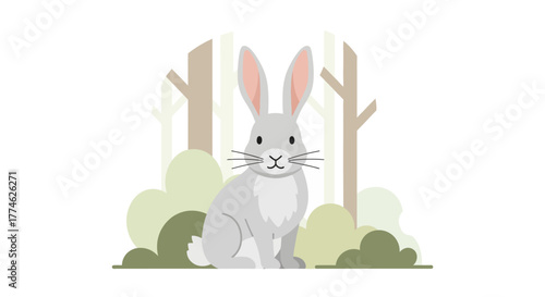 Charming grey rabbit with big ears sitting amidst lush green foliage and trees in a serene woodland setting