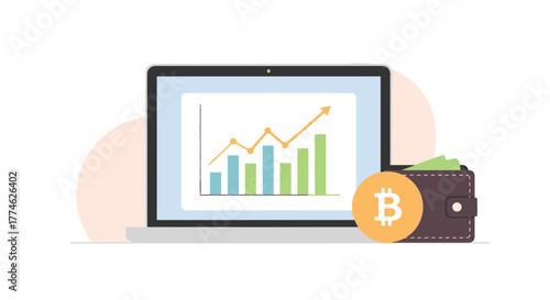 Analyzing Financial Growth with Laptop Chart and Bitcoin Wallet Illustration