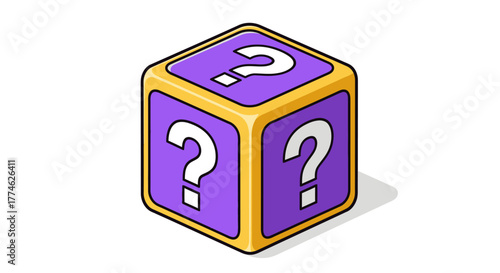 Mystery question mark cube icon representing chance, options, and unknown outcomes in a fun, isometric design
