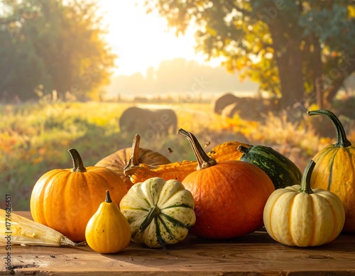 Autumn Harvest - Pumpkins and Gourds in Golden Sunlight.