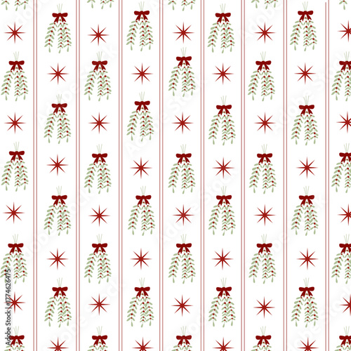 Christmas seamless pattern with red bow berry and red star, cute vertical stripes. Vector winter holiday wallpaper, retro bow knots hand drawn background, wrap paper